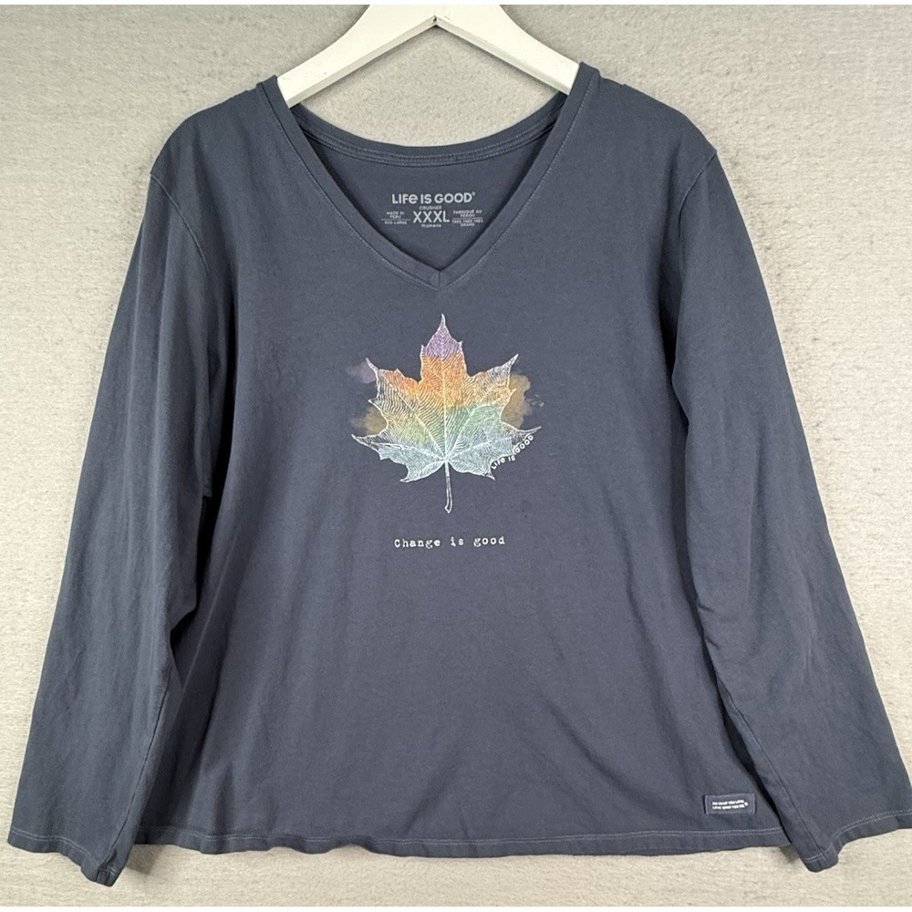 Life is Good Long Sleeve Crusher V-Neck Top Womens XXXL‎ 3X Leaf Change Is Good